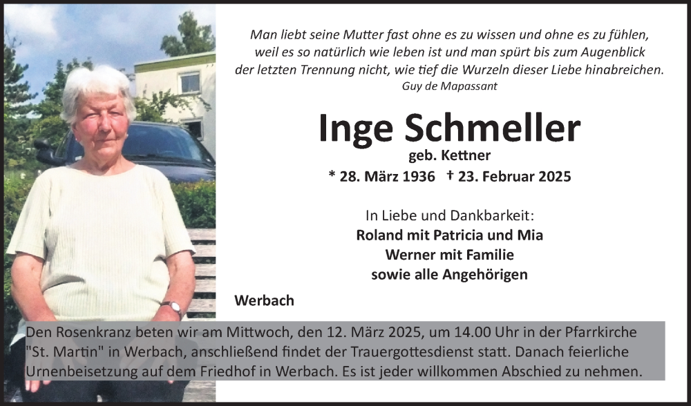  Traueranzeige für Inge Schmeller vom 08.03.2025 aus Fränkische Nachrichten