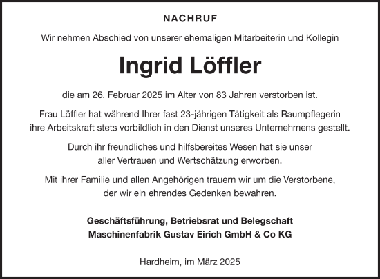 Traueranzeige von Ingrid Löffler von Fränkische Nachrichten
