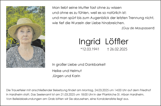 Traueranzeige von Ingrid Löffler von Fränkische Nachrichten