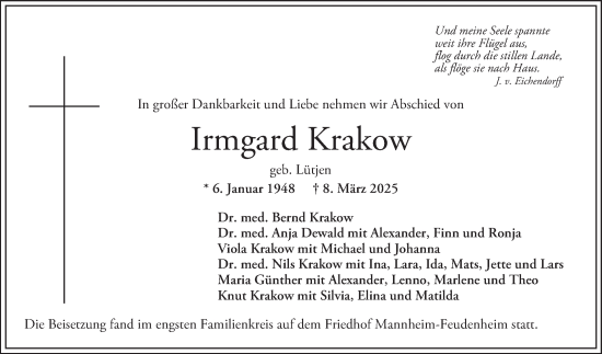Traueranzeige von Irmgard Krakow von Mannheimer Morgen