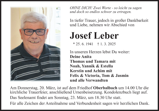 Traueranzeige von Josef Leber von Fränkische Nachrichten