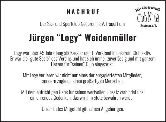 Traueranzeige von Jürgen Weidenmüller von Fränkische Nachrichten