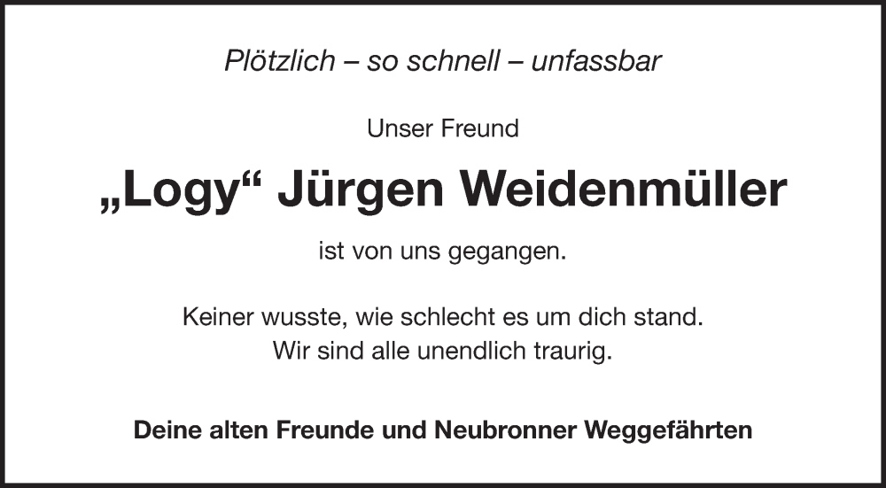  Traueranzeige für Jürgen Weidenmüller vom 05.03.2025 aus Fränkische Nachrichten