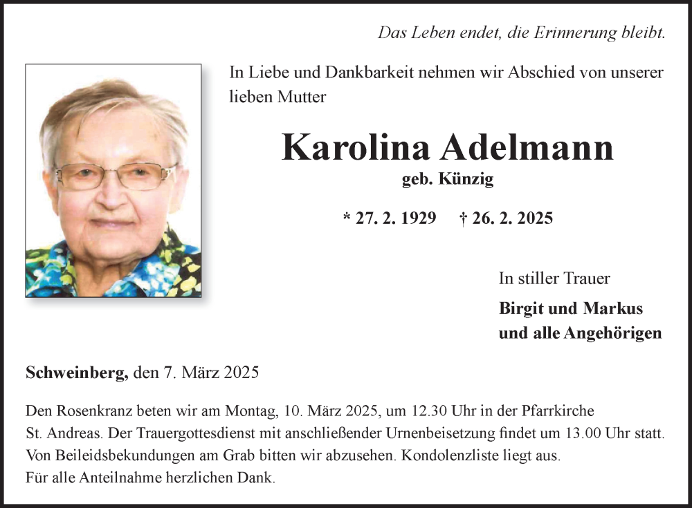  Traueranzeige für Karolina Adelmann vom 07.03.2025 aus Fränkische Nachrichten