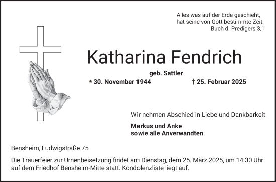 Traueranzeige von Katharina Fendrich von Bergsträßer Anzeiger