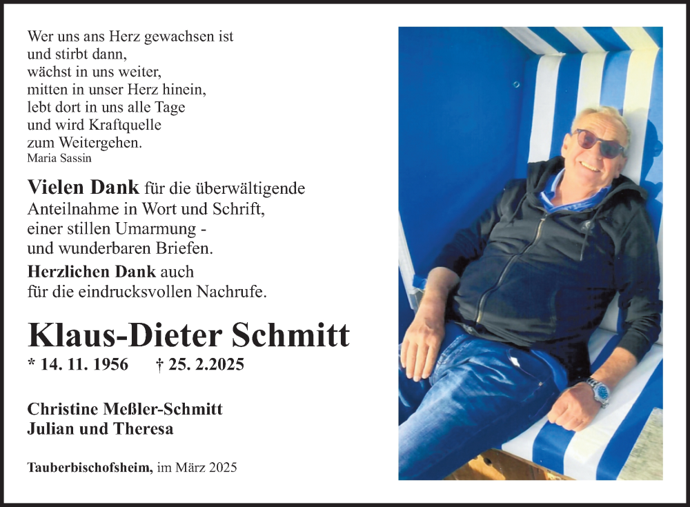  Traueranzeige für Klaus-Dieter Schmitt vom 22.03.2025 aus Fränkische Nachrichten