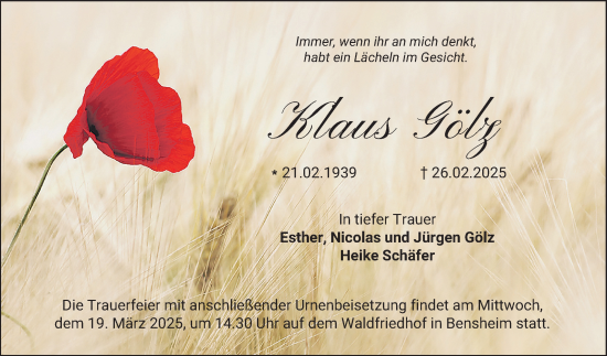 Traueranzeige von Klaus Gölz von Bergsträßer Anzeiger