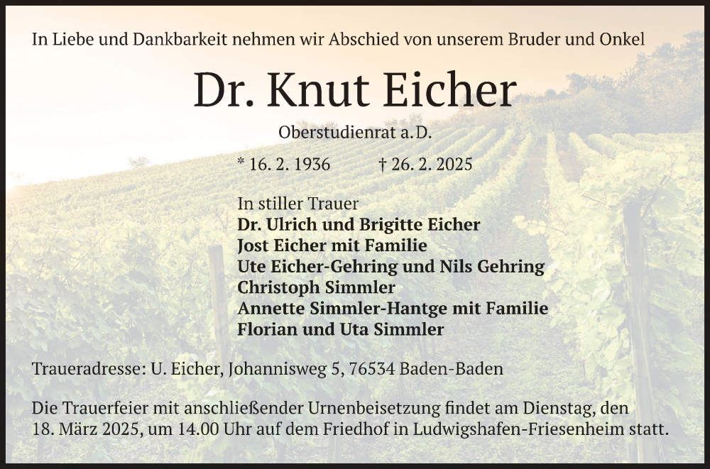  Traueranzeige für Knut Eicher vom 11.03.2025 aus Mannheimer Morgen