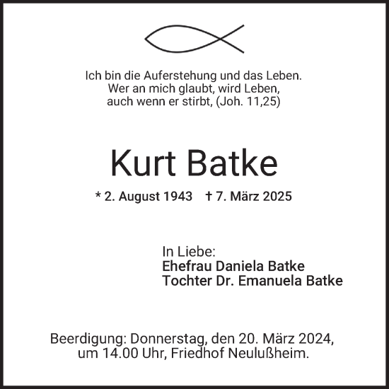 Traueranzeige von Kurt Batke von Schwetzinger Zeitung