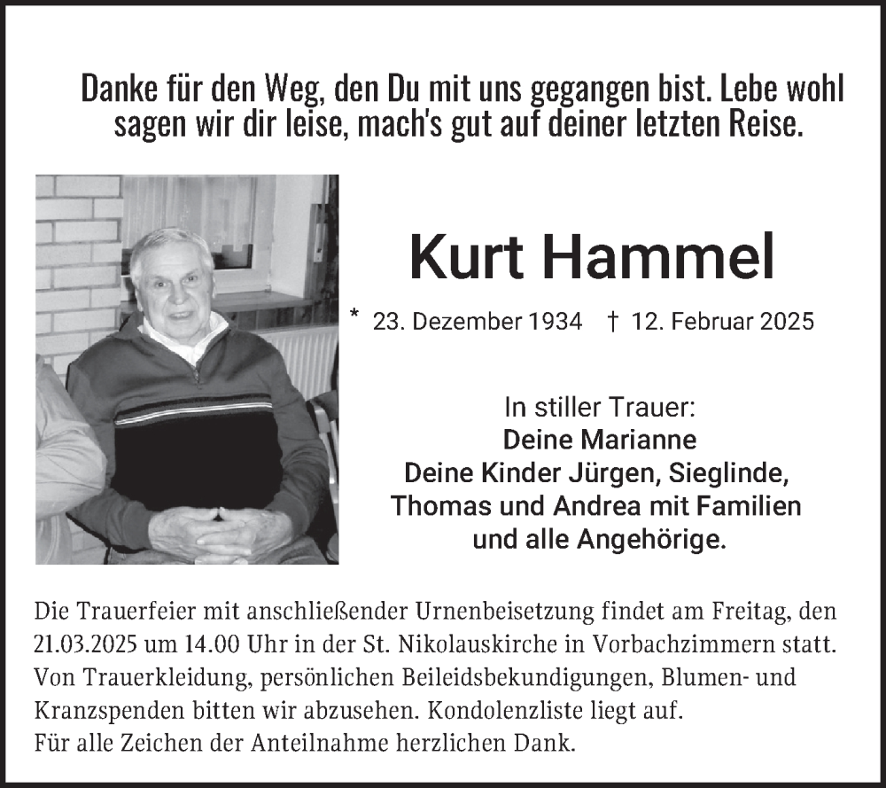  Traueranzeige für Kurt Hammel vom 15.03.2025 aus Fränkische Nachrichten