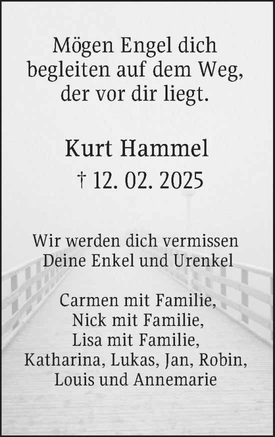 Traueranzeige von Kurt Hammel von Fränkische Nachrichten