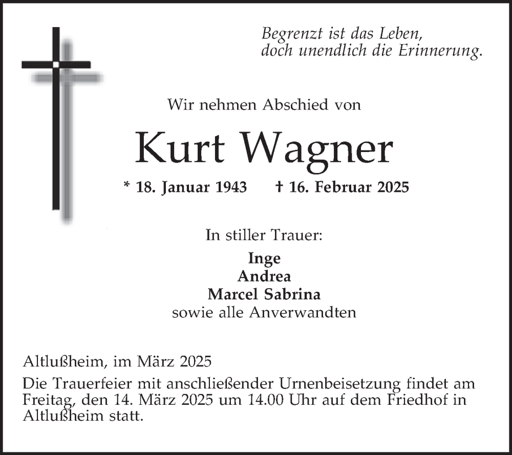  Traueranzeige für Kurt Wagner vom 08.03.2025 aus Schwetzinger Zeitung