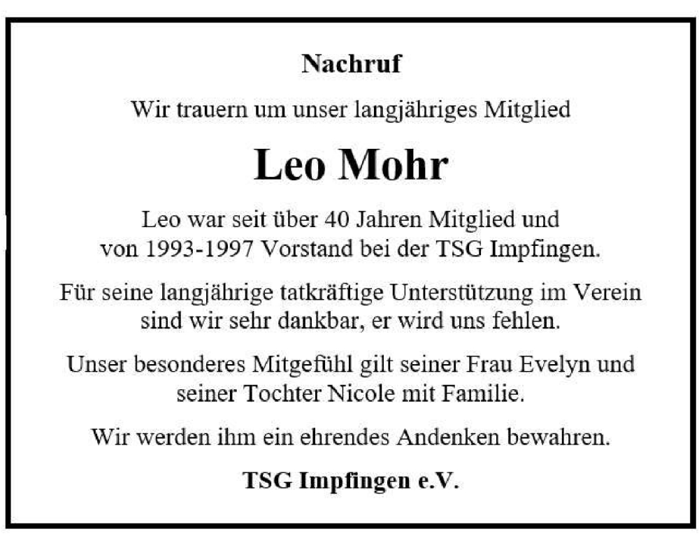  Traueranzeige für Leo Mohr vom 06.03.2025 aus Fränkische Nachrichten