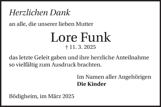 Traueranzeige von Lore Funk von Fränkische Nachrichten