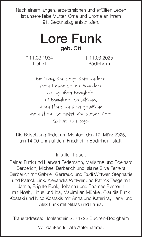 Traueranzeige von Lore Funk von Fränkische Nachrichten