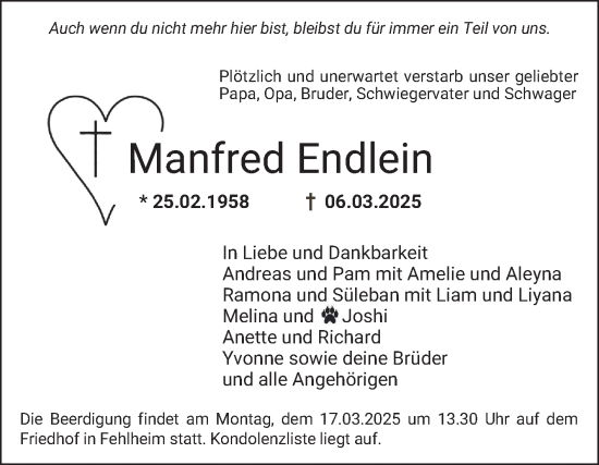 Traueranzeige von Manfred Endlein von Bergsträßer Anzeiger