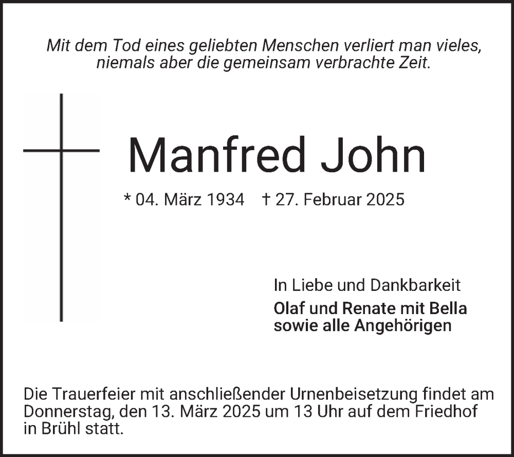  Traueranzeige für Manfred John vom 08.03.2025 aus Schwetzinger Zeitung