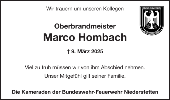 Traueranzeige von Marco Hombach von Fränkische Nachrichten
