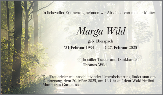 Traueranzeige von Marga Wild von Mannheimer Morgen