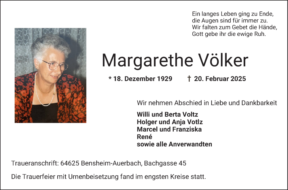  Traueranzeige für Margarethe Völker vom 15.03.2025 aus Bergsträßer Anzeiger