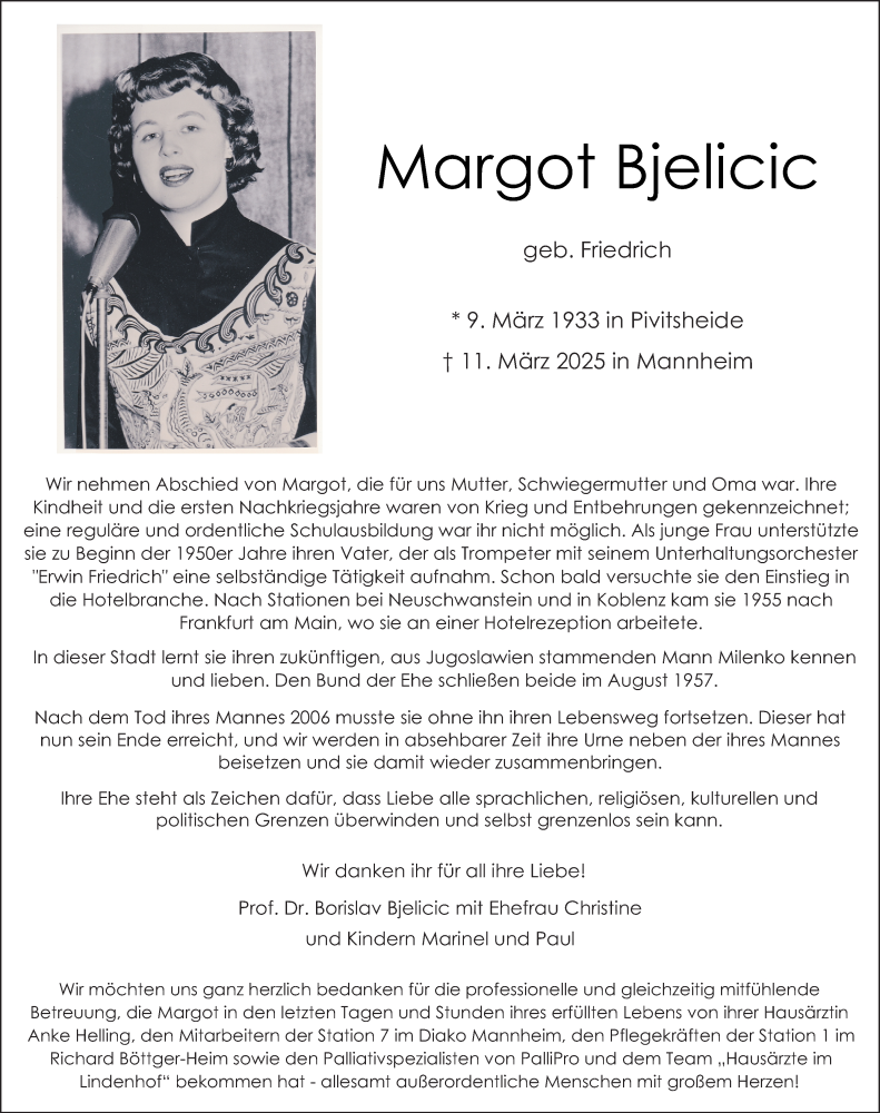  Traueranzeige für Margot Bjelicic vom 15.03.2025 aus Mannheimer Morgen