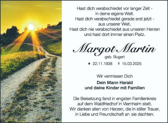 Traueranzeige von Margot Martin von Mannheimer Morgen