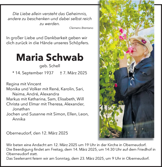 Traueranzeige von Maria Schwab von Fränkische Nachrichten