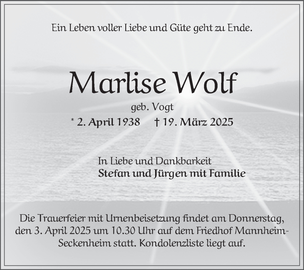  Traueranzeige für Marlise Wolf vom 29.03.2025 aus Mannheimer Morgen