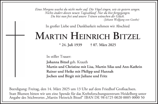 Traueranzeige von Martin Heinrich Bitzel von Mannheimer Morgen