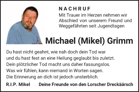 Traueranzeige von Michael (Mikel) Grimm von Bergsträßer Anzeiger