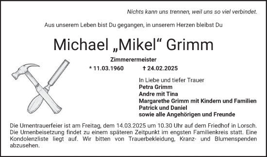 Traueranzeige von Michael (Mikel) Grimm von Bergsträßer Anzeiger