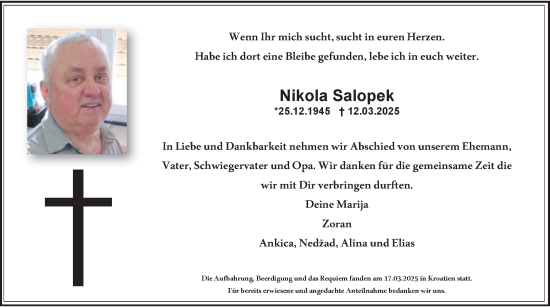 Traueranzeige von Nikola Salopek von Fränkische Nachrichten