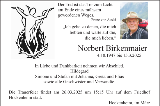 Traueranzeige von Norbert Birkenmaier von Schwetzinger Zeitung