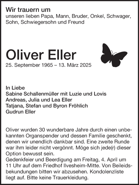 Traueranzeige von Oliver Eller von Mannheimer Morgen