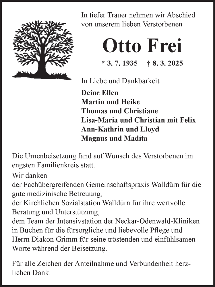  Traueranzeige für Otto Frei vom 29.03.2025 aus Fränkische Nachrichten