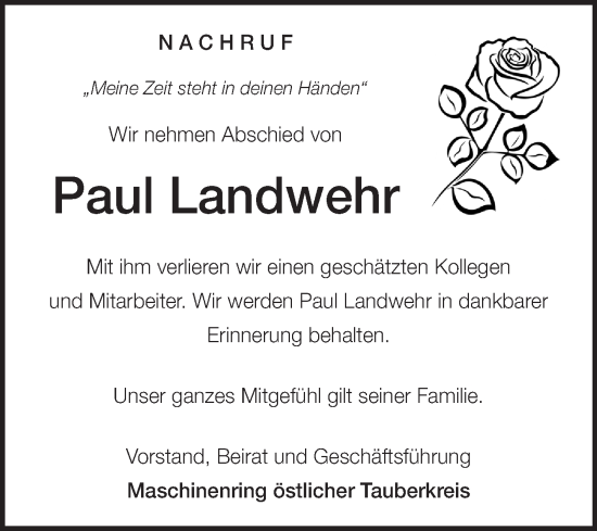 Traueranzeige von Paul Landwehr von Fränkische Nachrichten