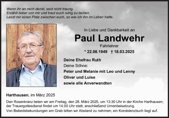 Traueranzeige von Paul Landwehr von Fränkische Nachrichten