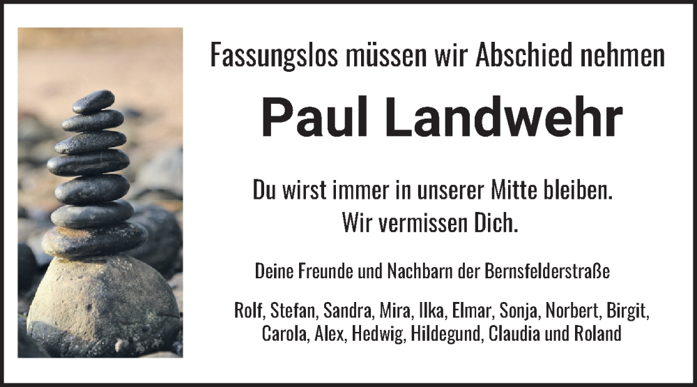 Traueranzeige für Paul Landwehr vom 25.03.2025 aus Fränkische Nachrichten