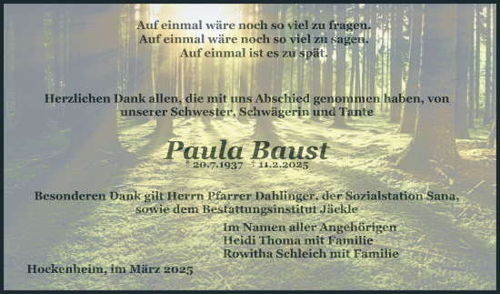 Traueranzeige von Paula Baust von Schwetzinger Zeitung