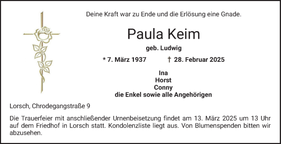 Traueranzeige von Paula Keim von Bergsträßer Anzeiger