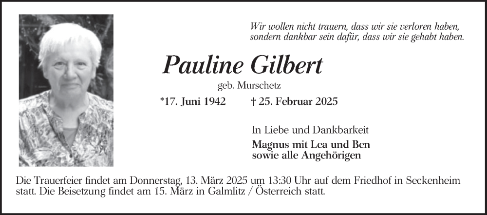  Traueranzeige für Pauline Gilbert vom 08.03.2025 aus Mannheimer Morgen