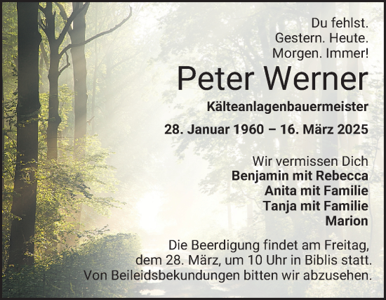 Traueranzeige von Peter Werner von Bergsträßer Anzeiger
