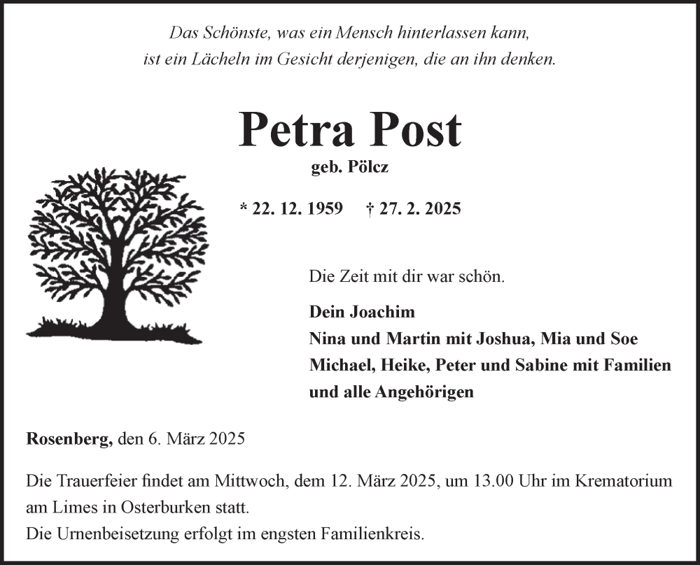  Traueranzeige für Petra Post vom 06.03.2025 aus Fränkische Nachrichten