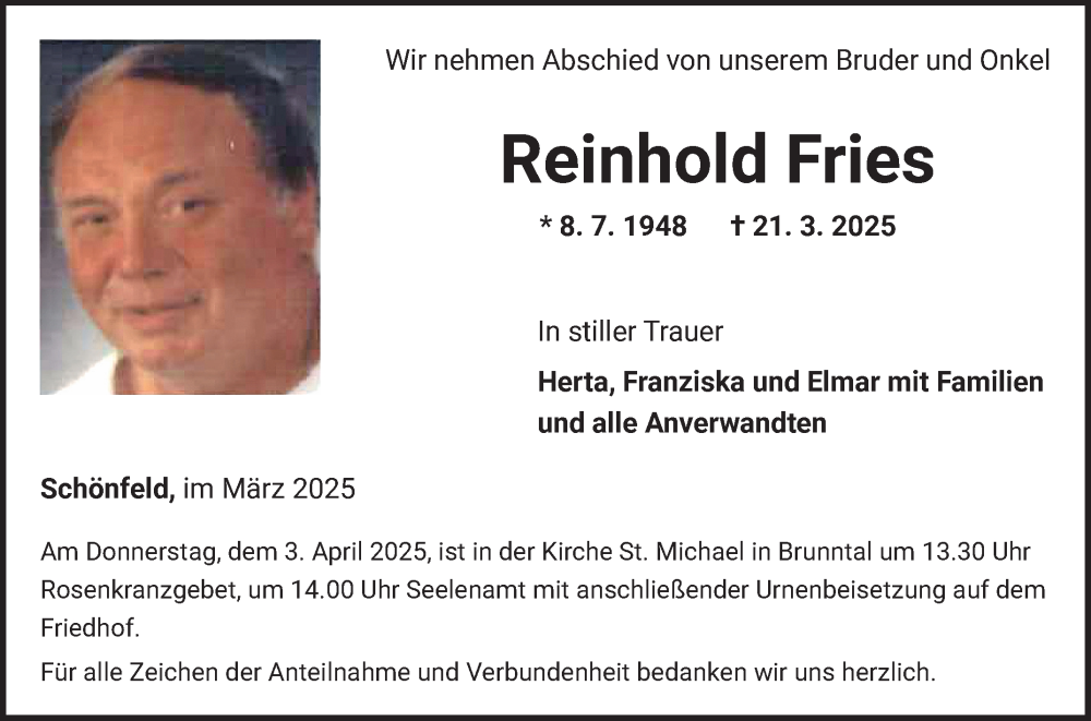  Traueranzeige für Reinhold Fries vom 29.03.2025 aus Fränkische Nachrichten