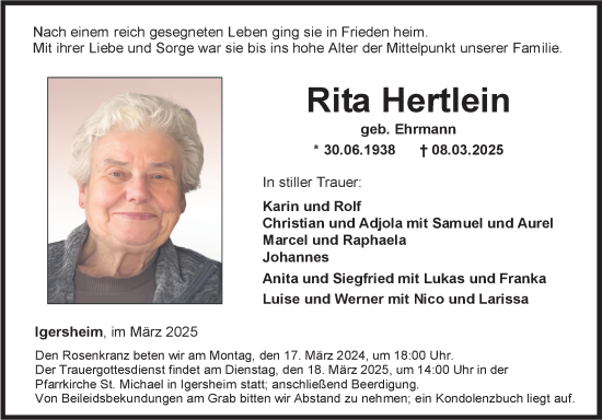 Traueranzeige von Rita Hertlein von Fränkische Nachrichten