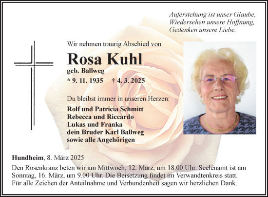 Traueranzeige von Rosa Kuhl von Fränkische Nachrichten