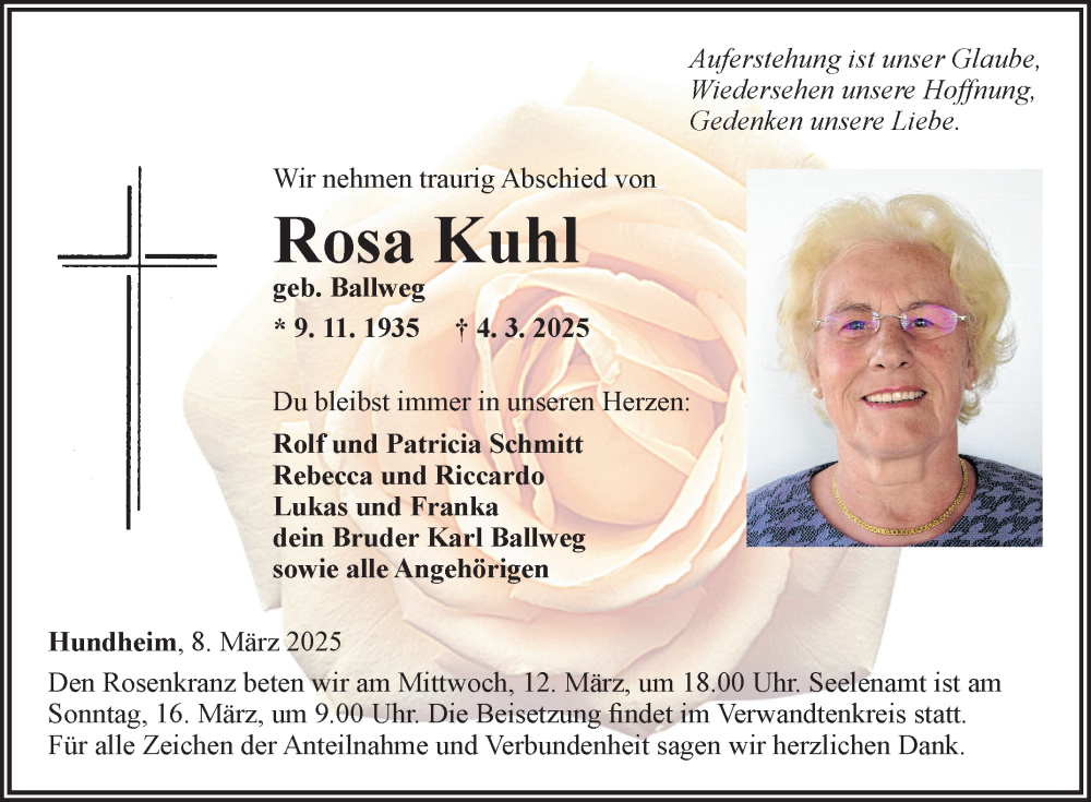 Traueranzeige für Rosa Kuhl vom 08.03.2025 aus Fränkische Nachrichten