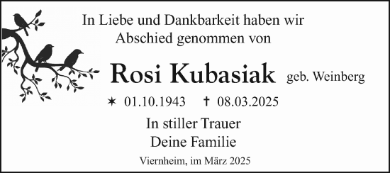 Traueranzeige von Rosi Kubasiak von Mannheimer Morgen