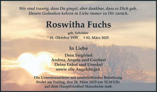 Traueranzeige von Roswitha Fuchs von Mannheimer Morgen