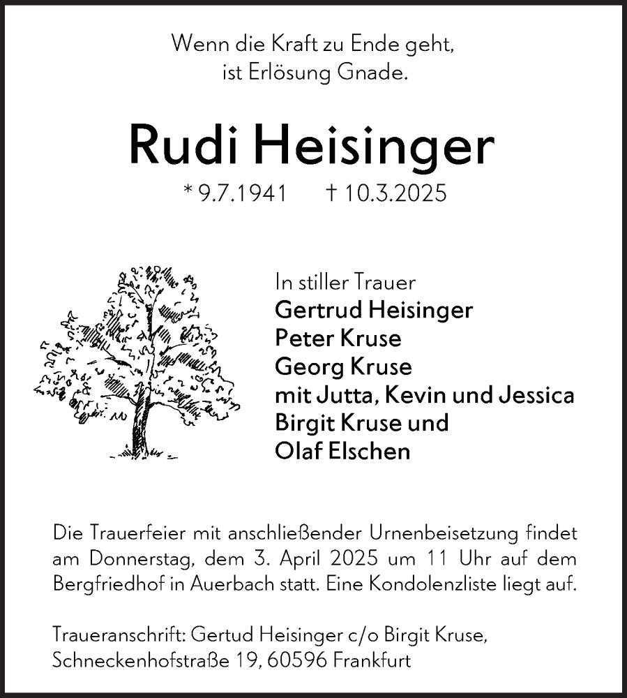  Traueranzeige für Rudi Heisinger vom 22.03.2025 aus Bergsträßer Anzeiger